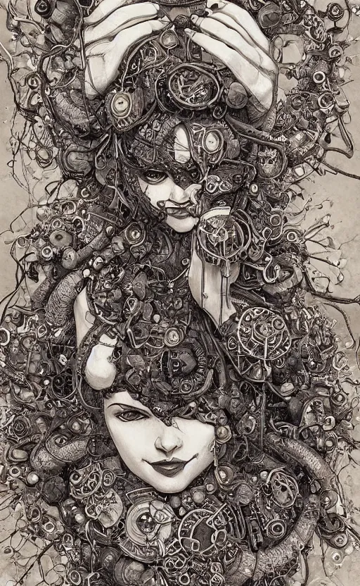 Image similar to beautifully stunning stonepunk woman_integrating_with_technology_full_face_insipiring_detailed_intricate_ornate_cables_connected_to_head_big_open_electric_eyes_ the_singulairty is now by Hironaka, Harumi