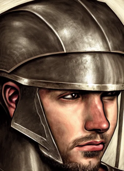 Prompt: close - up portrait athenian warrior with helmet and armor, art by ex machina