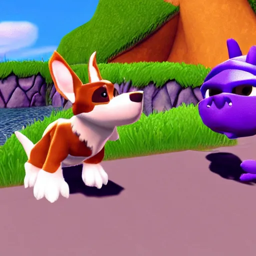 Image similar to screenshot of a cute humanoid dog as an npc in spyro the dragon video game, with playstation 1 graphics, activision blizzard, upscaled to high resolution