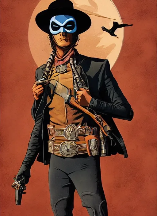 Prompt: poster artwork by Michael Whelan and Tomer Hanuka, Karol Bak of Tim Robinson dressed up as the Lone Ranger, he has time traveled from the wild west ot the 1990s, from scene from Walker Texas Ranger, clean, simple illustration, nostalgic, domestic, full of details