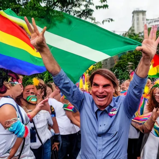 Image similar to photograph of president jair bolsonaro waving a rainbow flag at a pride parade