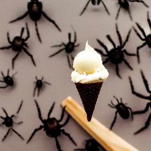 Prompt: detailed photograph of a levitating ice cream cone covered in hairy - legged brown recluse spiders