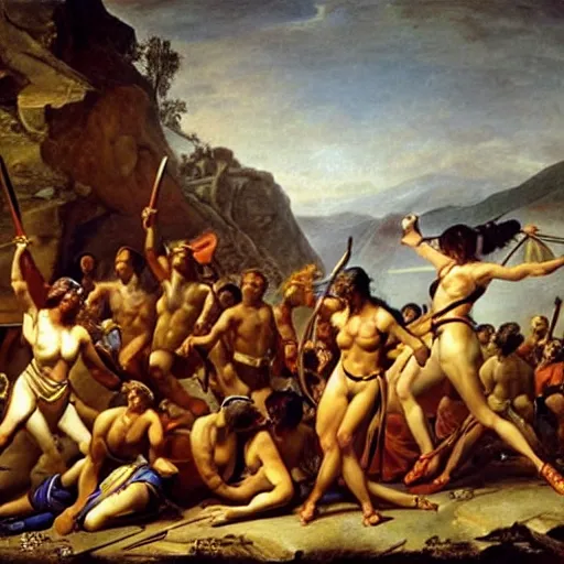 Image similar to muscular warrior women, amazonian warrior women, women fighting men, muscular men, spartan warrior men, clashing in bloody field, art by jacques - louis david