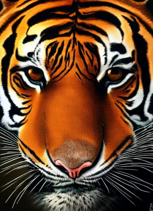 Image similar to a color photo of a tiger, a photorealistic painting by christian w. staudinger, behance, hyperrealism, hyper realism, majestic, wallpaper