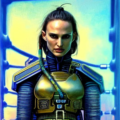 Image similar to natalie portman as cyberpunk samurai, atmospheric lighting, painted, intricate, blue and golden hour, ultra detailed by peter gric, giger, enki bilal