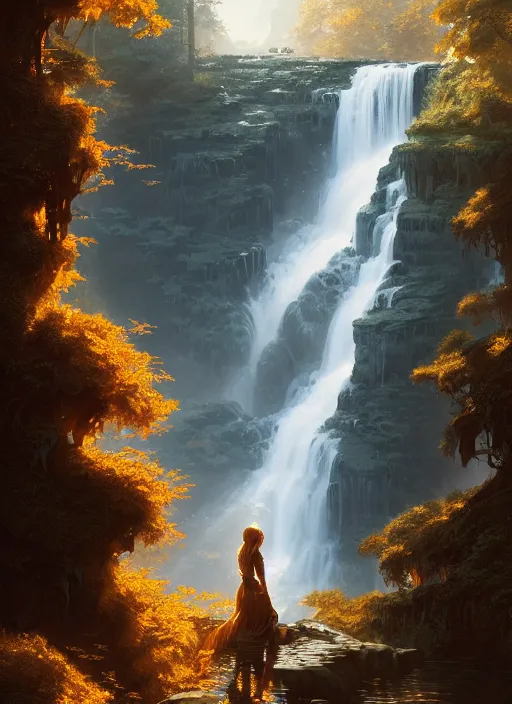 Image similar to detailed intricate digital illustration by greg rutkowski and artgerm and wlop and sanford robinson gifford ; shimmering waterfall in background ; 1 3 mm film, arri alfa anamorphic lens ; sharp focus, golden hour lighting, trending on artstation 4 k