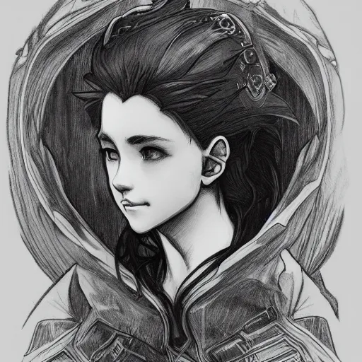 Image similar to high tech suit on pointed ear forrest elves, eerie lighting and mist + manga art style, pencil drawing + alphonse mucha, ridley scott, highly realistic, octane renderer