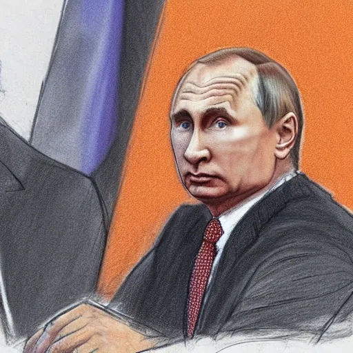 Image similar to a court sketch of vladimir putin in an orange jumpsuit