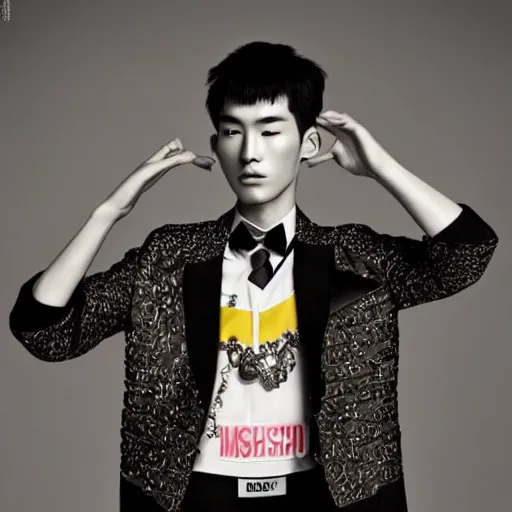 Prompt: a beautiful young korean male wearing moschino couture, photographed by erwin olaf