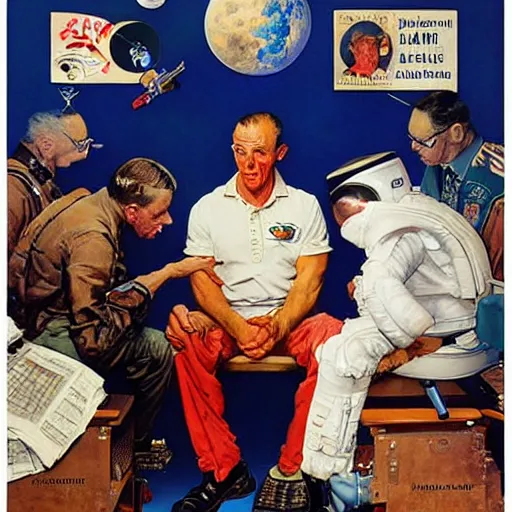 Prompt: the world's most famous astronaut is embarrassed to be corrected by a glamourous librarian, painted by norman rockwell and tom lovell and frank schoonover