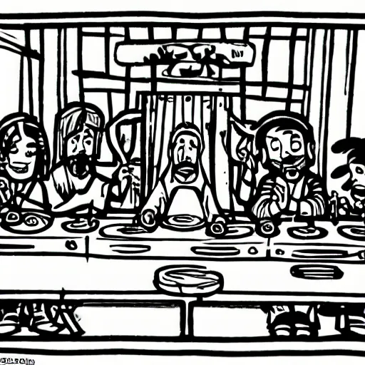 Prompt: the last supper in the style of calvin and hobbes