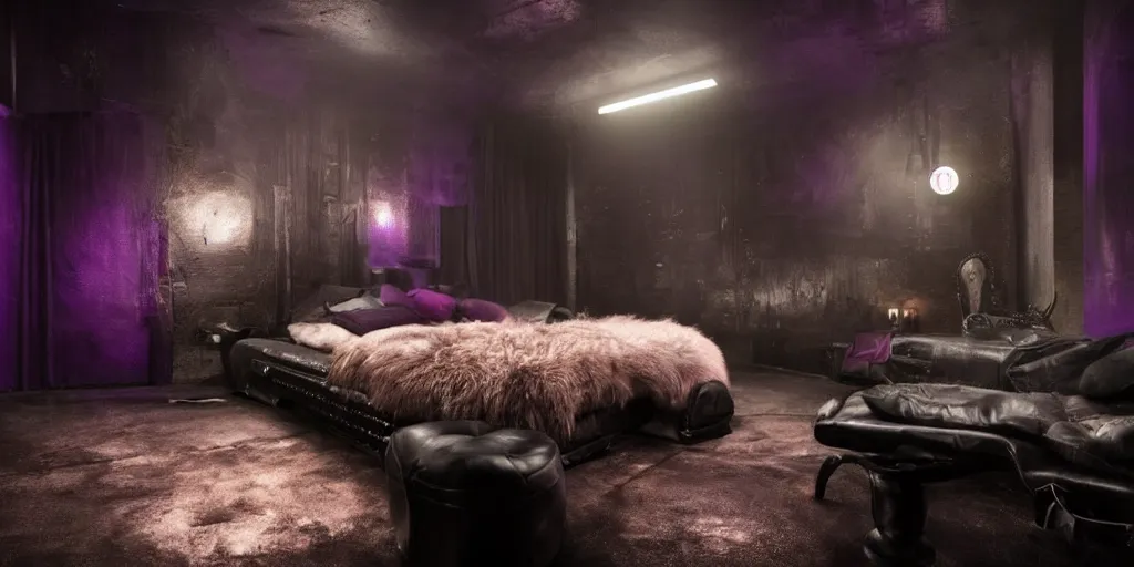 Image similar to night time, moody dark, dark purple leather dungeon bedroom in the style of blade runner 2 0 4 9