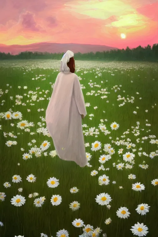 Image similar to giant white daisy flowers as face veil, girl walking in a flower field, surreal photography, sunrise, dramatic light, impressionist painting, colorful clouds, digital painting, artstation, simon stalenhag