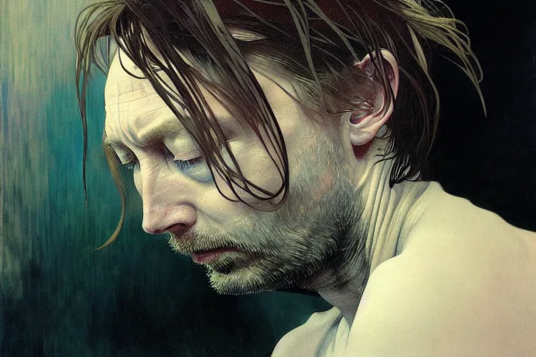 Image similar to hyper realistic portrait of thom yorke singer songwriter, side, liminal space, by lee bermejo, alphonse mucha and greg rutkowski