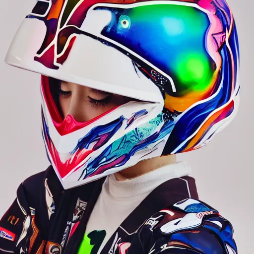 Image similar to extremely beautiful photo of a white marble statue of a girl with colorful motocross logos and motorcycle helmet with closed visor, colorful smoke in the background, carved marble statue, symmetrical, vogue, fine art, neon genesis evangelion, virgil abloh, offwhite, denoise, highly detailed, 8 k, hyperreal