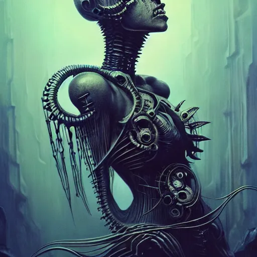 Prompt: a portrait of a beautiful biomechanical queen of necropolis, horror concept art by giger and beksinski and szukalski and wlop and pete mohrbacher, digital art, highly detailed, intricate, sci-fi, sharp focus, Trending on Artstation HQ, deviantart, unreal engine 5, 4K UHD image