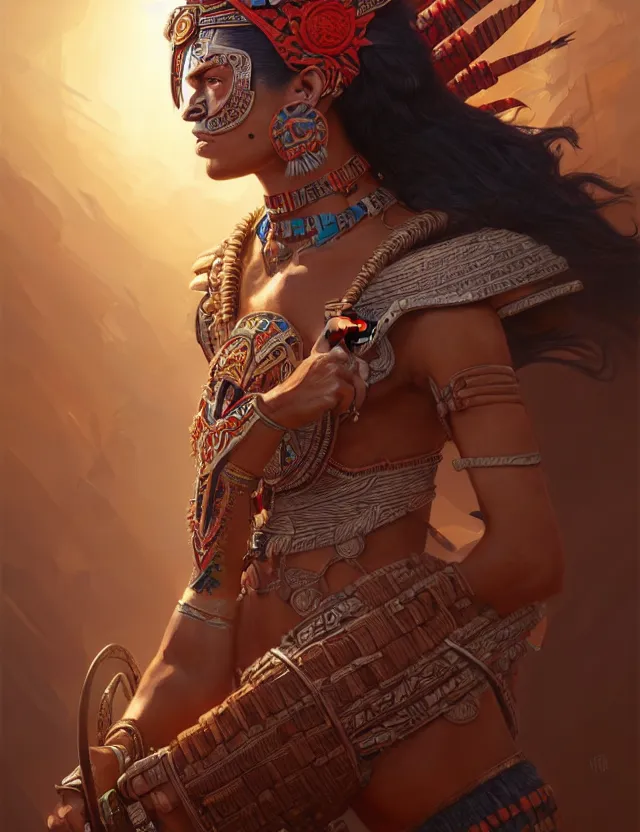 Prompt: ultra realistic illustration, aztec warrior, intricate, highly detailed, digital painting, artstation, cgnode, concept art, smooth, sharp focus, cinematic lighting, colorful, art by artgerm and peter mohrbacher and fenghua zhong