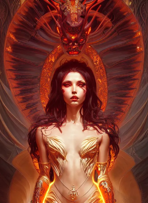 Image similar to demon dancer of the underworld, intricate, shiny, elegant, higly detailed, ultra definition, digital painting, artstation, unreal engine rendered, concept art, smooth, high speed, illustration, art by artgerm and greg rutkowski and alphonse mucha and james jean