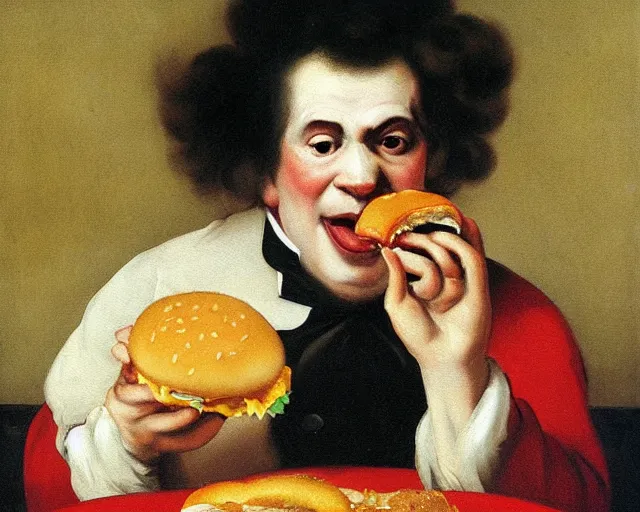 Image similar to ronald mcdonald eating a hamburger, painting by fransisco goya