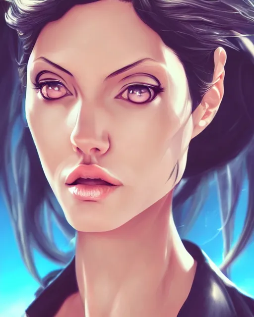 Image similar to capcom character, anime portrait of angelina jolie, highly detailed, digital painting, artstation, character, concept art, smooth