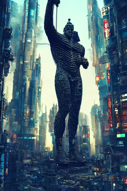 Image similar to digital masterpiece illustration concept art of giant statue in the middle of cyberpunk cityscape, extremely detailed and intricate complexity, epic composition, magical atmosphere, cinematic lighting, wide long shot, trending on artstation, 8 k