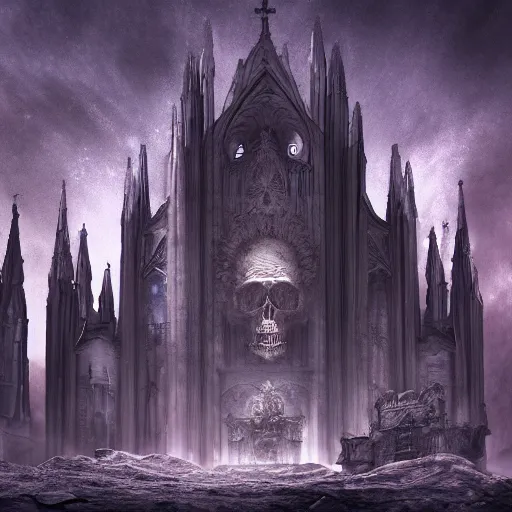Image similar to a beautiful detailed 3 d matte cathedral on the moon, ominous, magical realism, texture, intricate, skull, skeleton, whirling smoke radiant colors, fantasy, volumetric lighting, high details