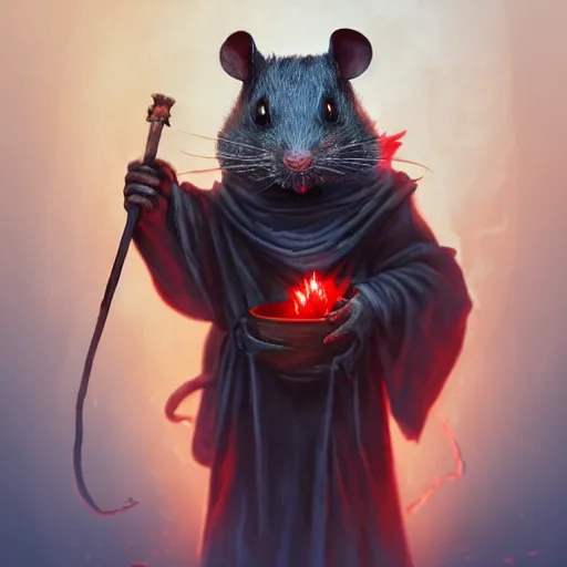 Image similar to photo of a ghostly rat with glowing red eyes, wearing tattered black burlap robes, floating in mist, clutching a blue flame in each hand, anthropomorphic rat, dark sorcerer, dark sorcery, black magick shaman, skaven, master splinter, nicodemus, photorealistic, artstation