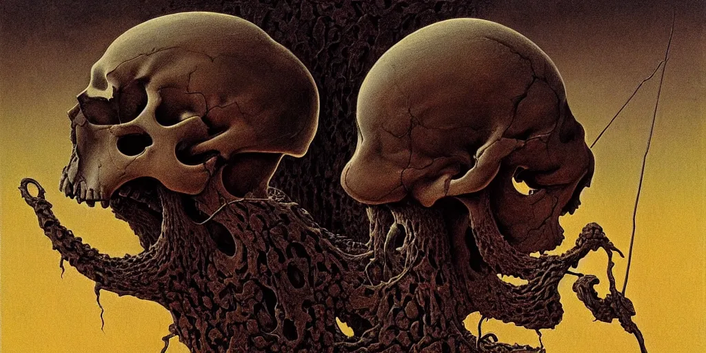 Image similar to painting of soldier's skull, skull is wearing a helmet, tiny insects crawling out of the crevices of the skull, Zdzislaw Beksinski, Wayne Barlowe, Joe Fenton, Escher M.C., gothic, cosmic horror, biomorphic, lovecraftian, amazing details, cold hue's, warm tone gradient background