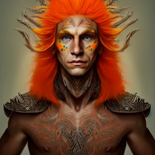 Image similar to portrait painting of an elven eladrin young man with short light orange hair and freckles and tribal tattoos on his cheekbones wearing fancy fur armor, sharp focus, award - winning, trending on artstation, masterpiece, highly detailed, intricate. art by merwild and ernesto irawan and rachel denton