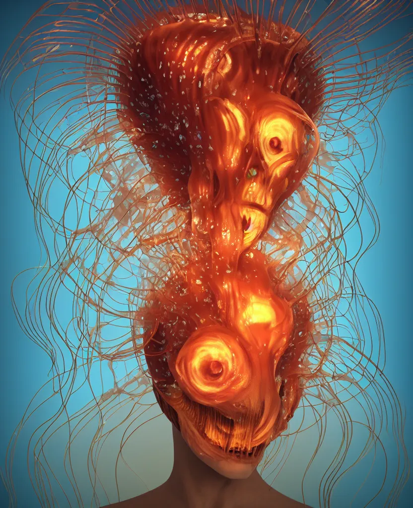 Image similar to close-up portrait of the face of a beautiful princess in a twisted flowers jellyfish mask surrounded by energy flow, epic angle and pose, symmetrical artwork, 3d with depth of field, blurred background, floating jellyfish skull phoenix bird, translucent, nautilus, energy flows of water and fire. a highly detailed epic cinematic concept art CG render. made in Maya, Blender and Photoshop, octane render, excellent composition, cinematic dystopian brutalist atmosphere, dynamic dramatic cinematic lighting, aesthetic, very inspirational, arthouse. y Greg Rutkowski, Ilya Kuvshinov, WLOP, Stanley Artgerm Lau, Ruan Jia and Fenghua Zhong