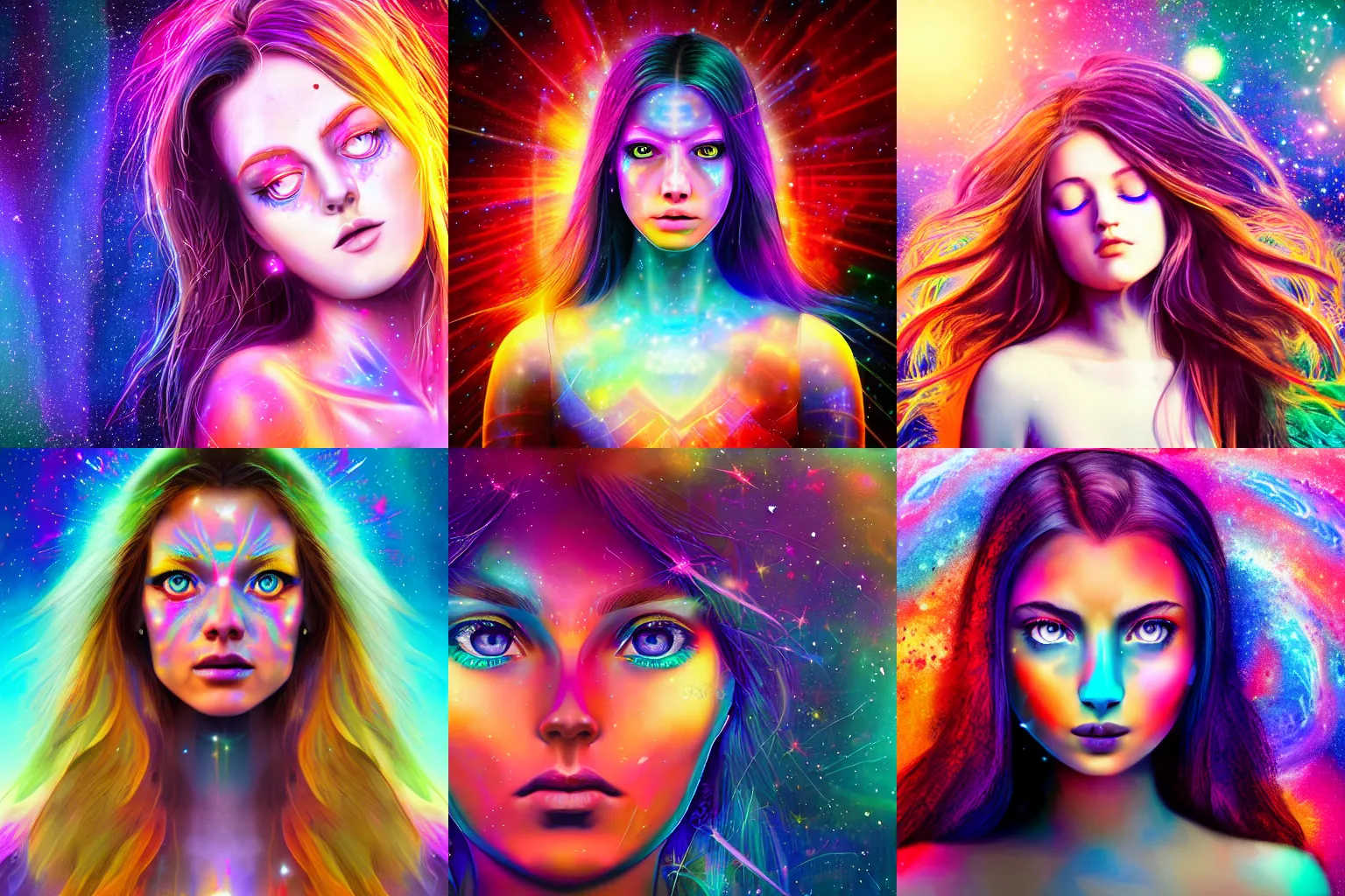 Prompt: a beautiful colorful digital head and shoulders potrait of an attractive calm girl with blue violet eyes and open thirdeye thirdeye thirdeye psychedelic spiritual art, space background, breathtaking stars, hyperrealistic, photorealistic, hyper sharp, 4k, detailed, hyper realistic, matte painting, concept art