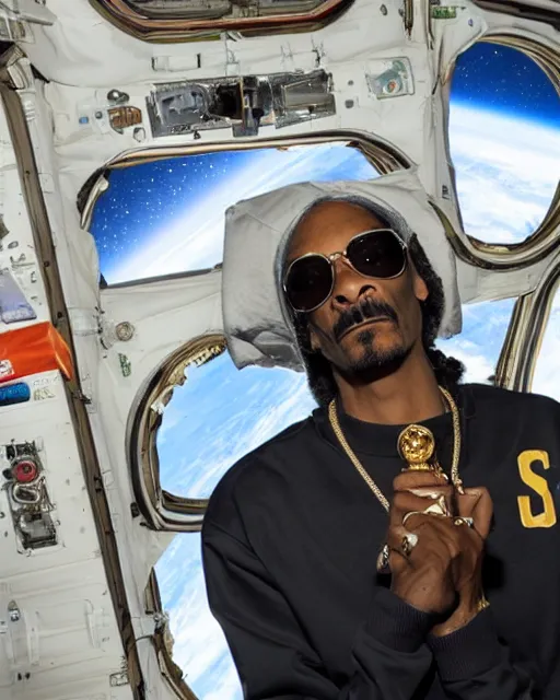 Prompt: snoop dogg, smoking a fat blunt, in the international space station, 4 k