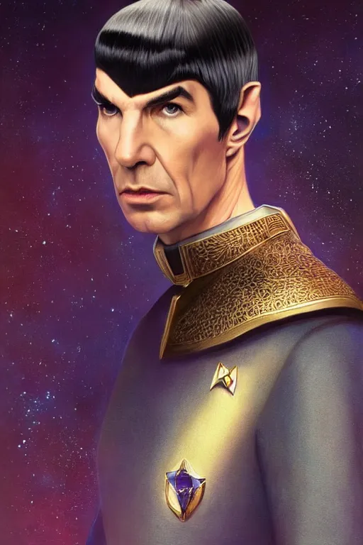 Prompt: portrait photograph of spock as a glorious regal space king, sleek outfit, upper body, fantasy, handsome, depth of field, soft focus, highly detailed, intricate, realistic, national geographic cover, soft glow, textured, artstation, concept art, sharp focus, illustration, art by artgerm and greg rutkowski and alphonse mucha