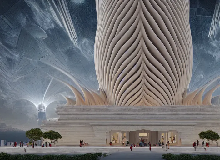 Image similar to designed by santiago calatrava ; highly detailed ultra sharp 3 d render kamakhya temple cinematic composition of a smooth ceramic porcelain biomorphic magnolia stone nebula fluid fractal sci - fi surreal architecture hindu temple
