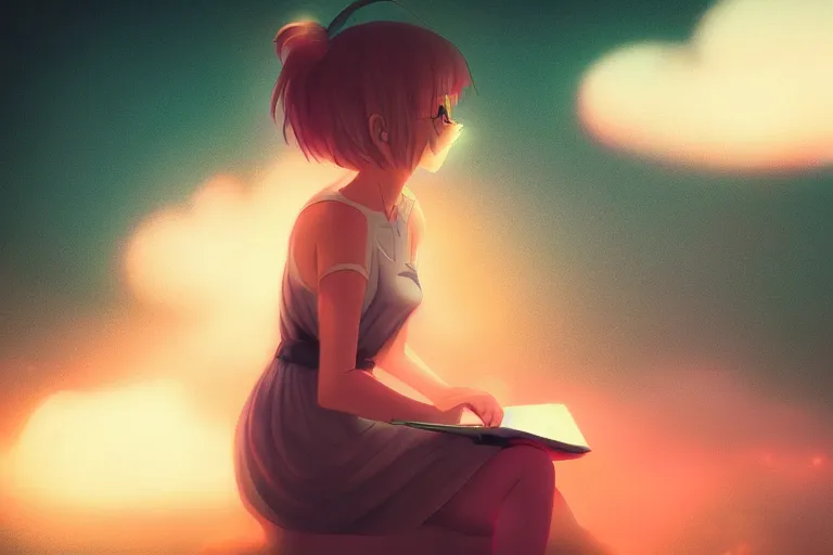 Image similar to a cute anime girl reading a book on a cloud relaxing, misty, glows, digital art, hazy, foggy, ambient lighting, 8 k, neon, synthwave,