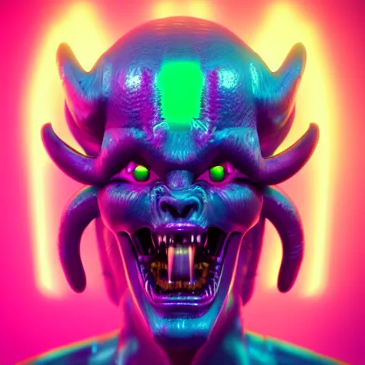 Image similar to synthwave demonic alien face with neon horns, detailed face, sharp focus, synthwave art, aesthetic, octane render, raw, cinematic