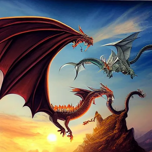 Prompt: dragons circling a tall mountain spire, fantasy art