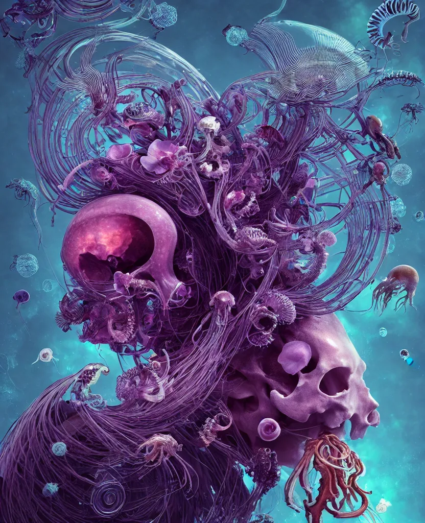 Image similar to goddess close-up portrait ram skull, thorax, x-ray, backbone, jellyfish phoenix head, nautilus, orchid, skull, betta fish, bioluminiscent creatures, intricate artwork by Tooth Wu and wlop and beeple. octane render, trending on artstation, greg rutkowski very coherent symmetrical artwork. cinematic, hyper realism, high detail, octane render, 8k