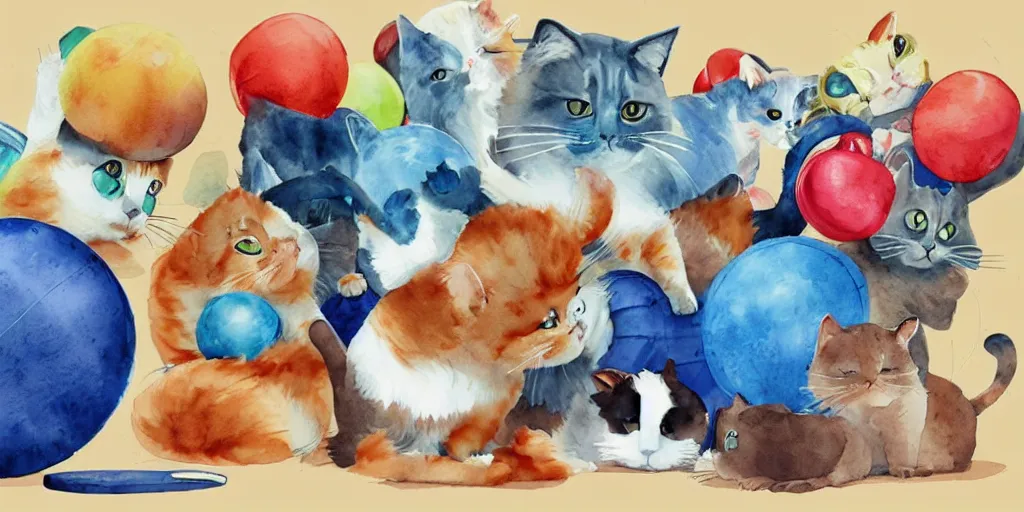 Image similar to watercolor illustration style, cute! cats!! training in the fitness studio, sports equipment laying around!