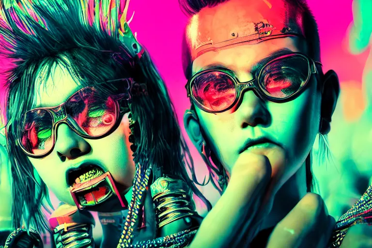 Prompt: pop art of a punk at a japanese metal concert in a cyberpunk world, bright neon colors, intricate details, complementary colors, detailed face, backlighting, octane render, depth of field, extremely detailed, trending in artstation, focus on face, sharp focus, radiant light, beautiful composition