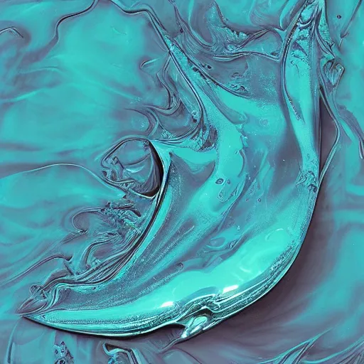 Image similar to a small dark luminous turquoise color liquid water sculpture is a corvette, hybrid, viscous, reflective, monochromatic, digital art