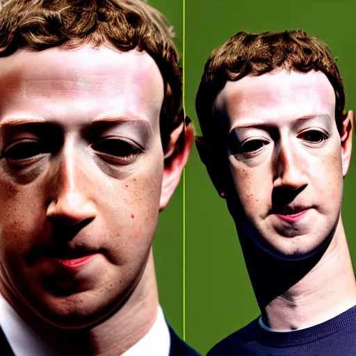 Prompt: Mark Zuckerberg is a lizard person, lizard skin, scaled skin, dead eyes, hollow expression, pale skin, portrait, high resolution photograph, 4k