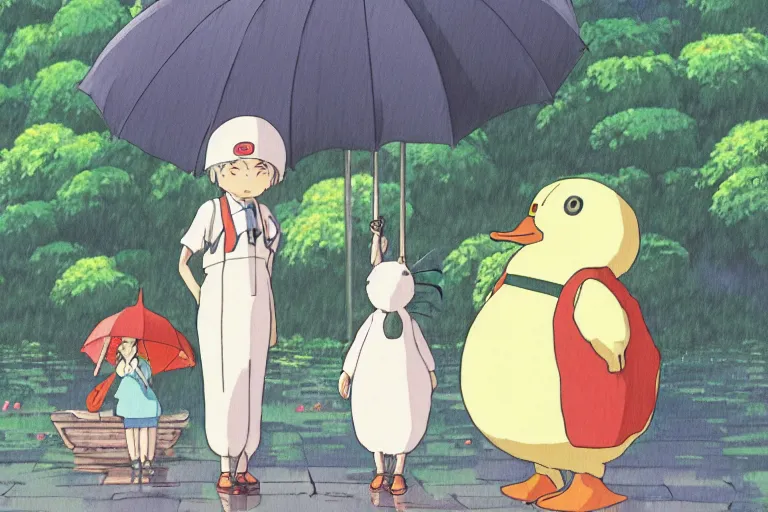 Prompt: a cute studio ghibli painting of a totaro dressed up in a mallard duck costume standing next a woman at the bus stop; holding out an umbrella to stop the rain from getting the woman wet, beautiful lighting, in the style of studio ghibli, artwork by Hayao Miyazaki and Isao Takahata, highly detailed, 8K, smooth, cinematic, vibrant colors, trending on artstation, japanese animation, stunning artistry and soaring imagination