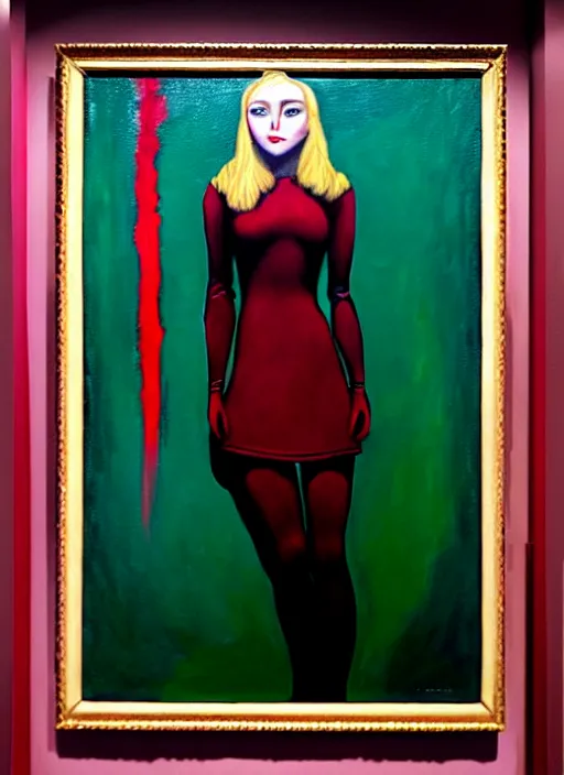 Prompt: oil painting of a AnnaSophia Robb in a sci-fi military uniform, stockings, frozen stare in a void room full of existential maroon horror painted by John Singer Sargant, inspired by paintings of Francis Bacon and Bryan Lee O'Malley and Edward Hopper, melting moody vibrating color palette of Mark Rothko,