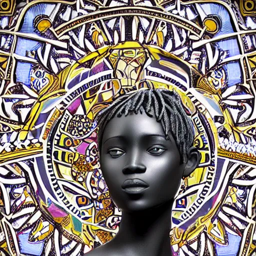 Image similar to masterpiece of a glossy black marble statue of an african girl with colorful african pattern logos in the background in the style of virgil abloh, very very beautiful, detailed, realistic carved marble statue, fine art, off white, heron preston, techno, rave, 8 k, 4 k, detailed, realistic, beautiful, symmetrical, vogue, paris, fashion