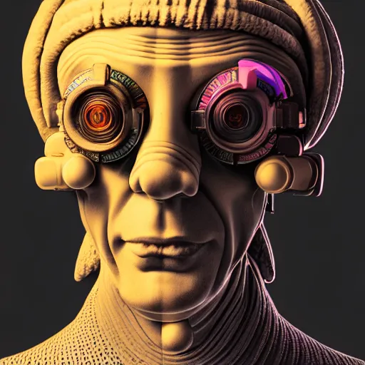 Image similar to Colour Photography of 1000 years old man with highly detailed 1000 years old face wearing higly detailed cyberpunk VR Headset designed by Josan Gonzalez . in style of Josan Gonzalez and Johannes Vermeer and Mike Winkelmann and Caspar David Friedrich. Rendered in Blender