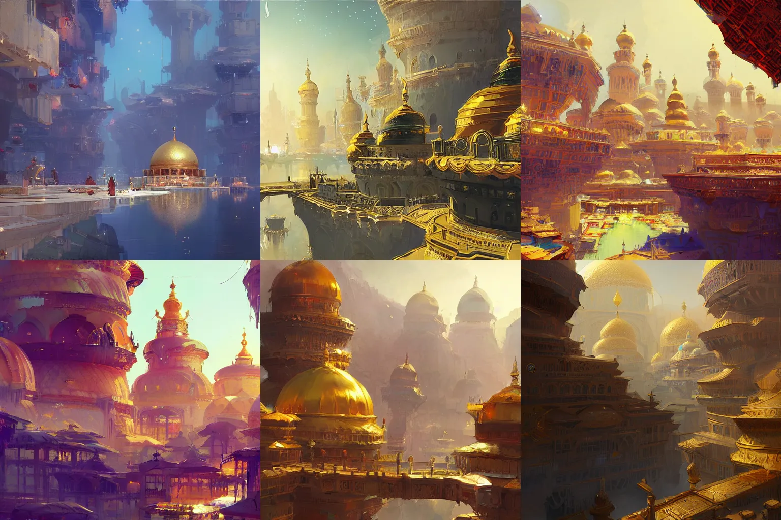 Prompt: floating Arabian city with golden domes and precious crystals environment concept art by Theo Prins and Ruan Jia