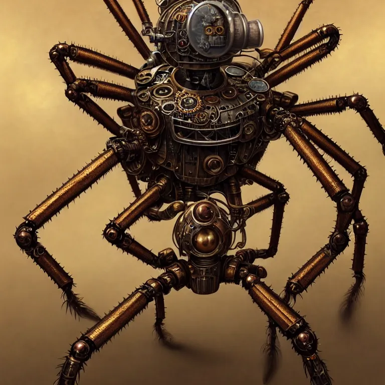 Image similar to portrait shot of a steampunk robot spider, unreal engine realistic render, 8 k, micro detail, intricate, elegant, highly detailed, centered, digital painting, artstation, smooth, sharp focus, illustration, artgerm, tomasz alen kopera, peter mohrbacher, donato giancola, joseph christian leyendecker, wlop, boris vallejo