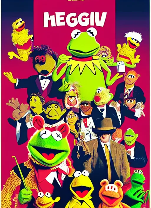 Image similar to poster artwork by Michael Whelan and Tomer Hanuka, The Muppet Show cast portrait photo, Kermit, Fozzie and MIss Piggy, movie scene from Kill Bill, pop art poster, vector art, poster artwork by Michael Whelan and Tomer Hanuka