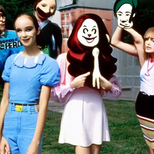 Prompt: a teenage girl with an inflatable cartoon head goes to high school live-action john waters film 1974 technicolor